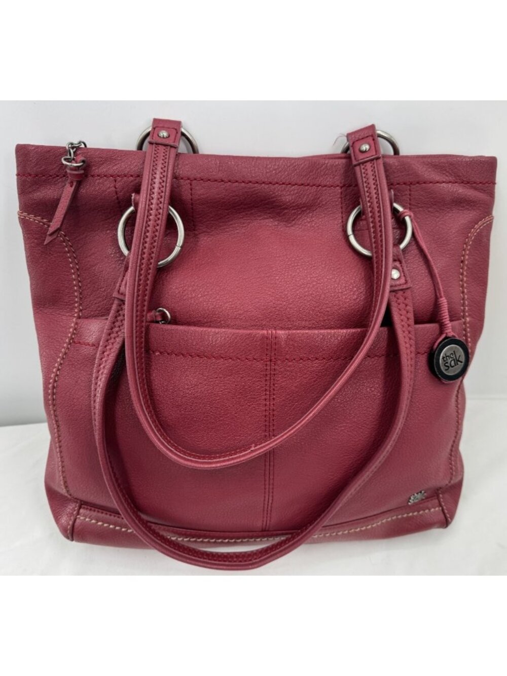The Sak Oxblood Red Luxurious Leather Large Tote Handbag Hobo Purse Charm Zips